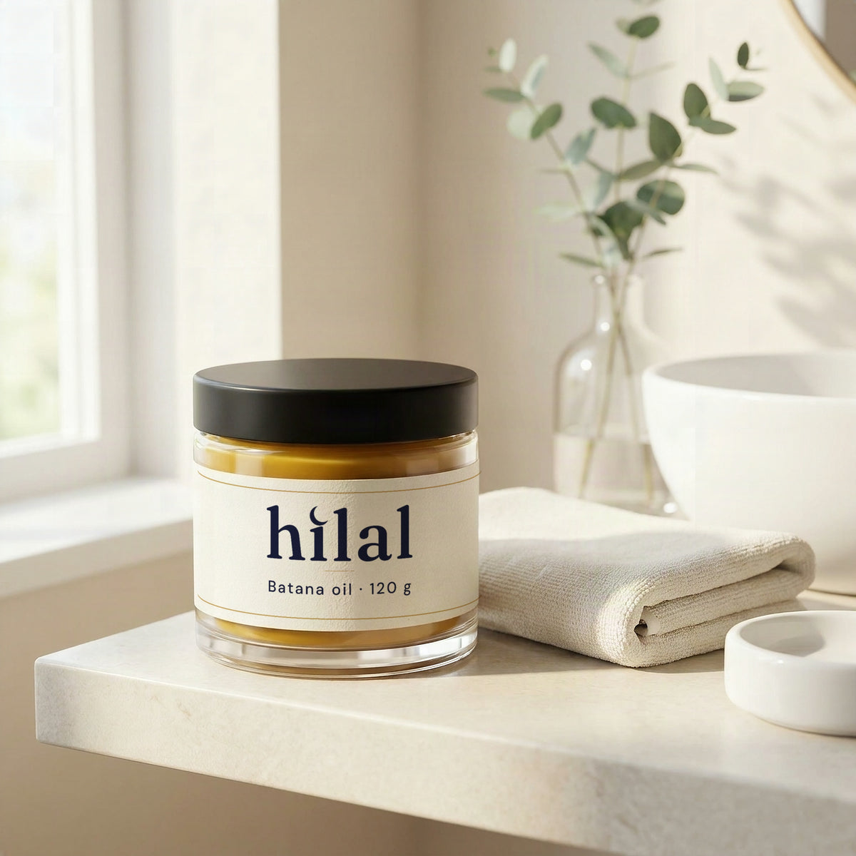 Wash out in the morning: a jar of Hilal batana oil on a bathroom shelf in morning light