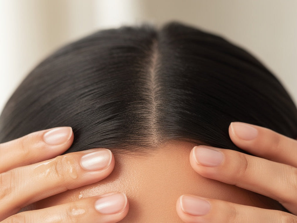 Step one: warm a fingertip of oil. Step two: slow circles along the hairline and temples.