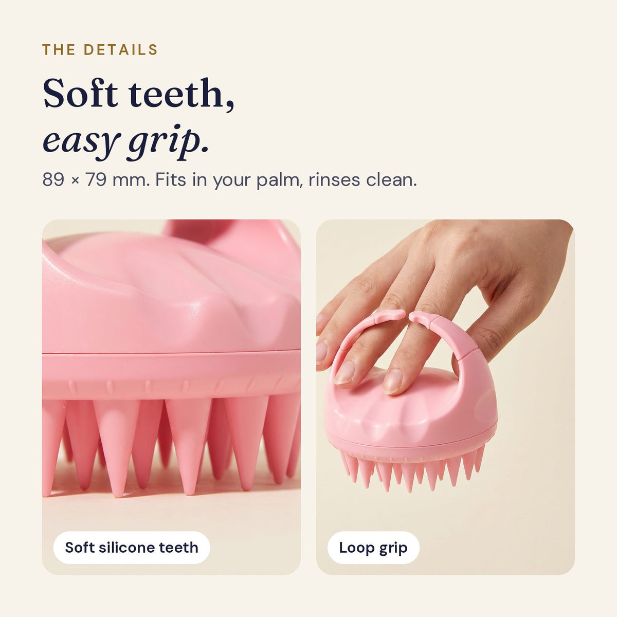 Close-up of the massager's soft silicone teeth beside a hand holding it by the loop grip