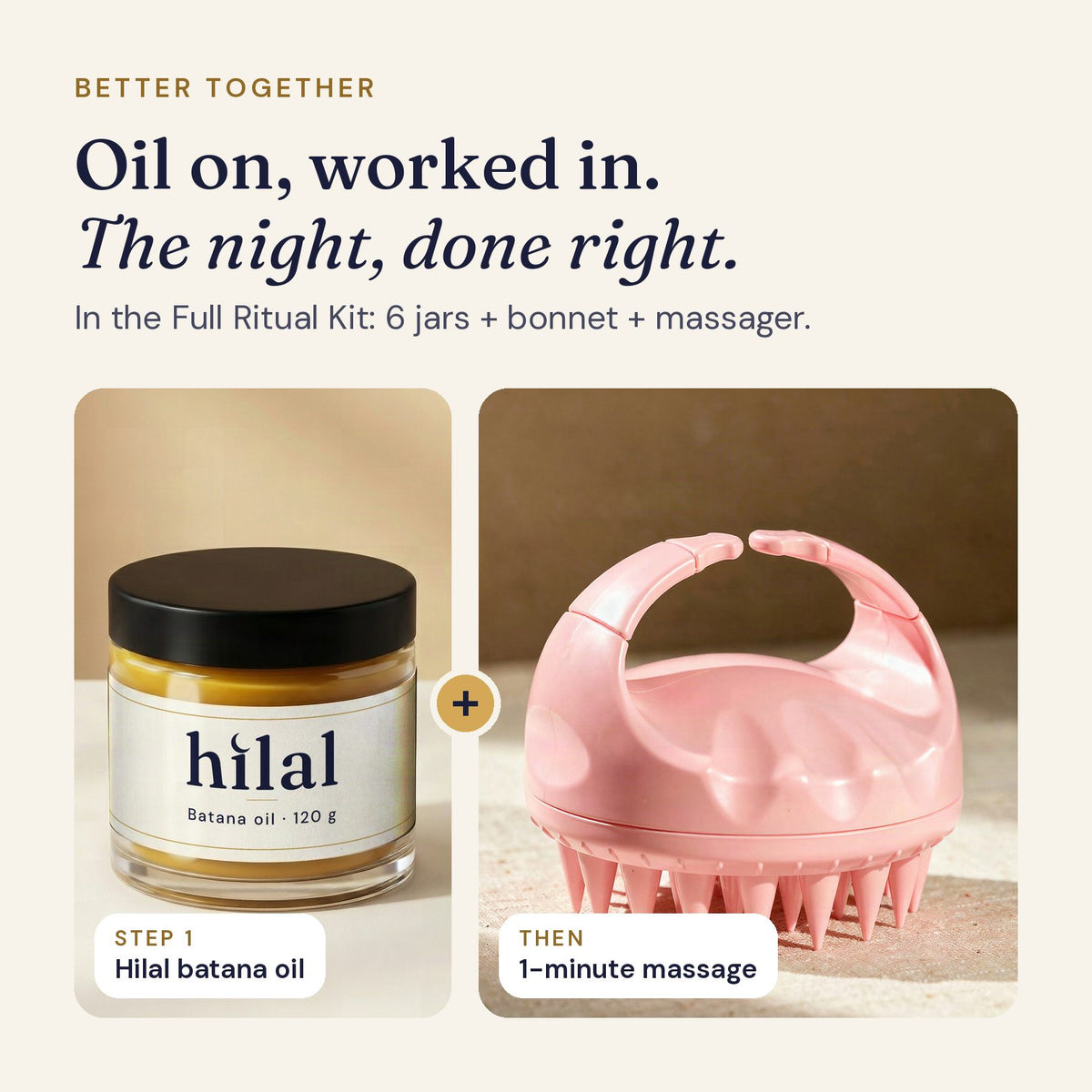 Hilal batana oil jar beside the pink scalp massager