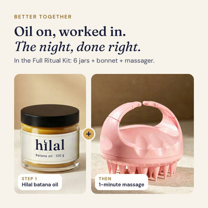 Hilal batana oil jar beside the pink scalp massager