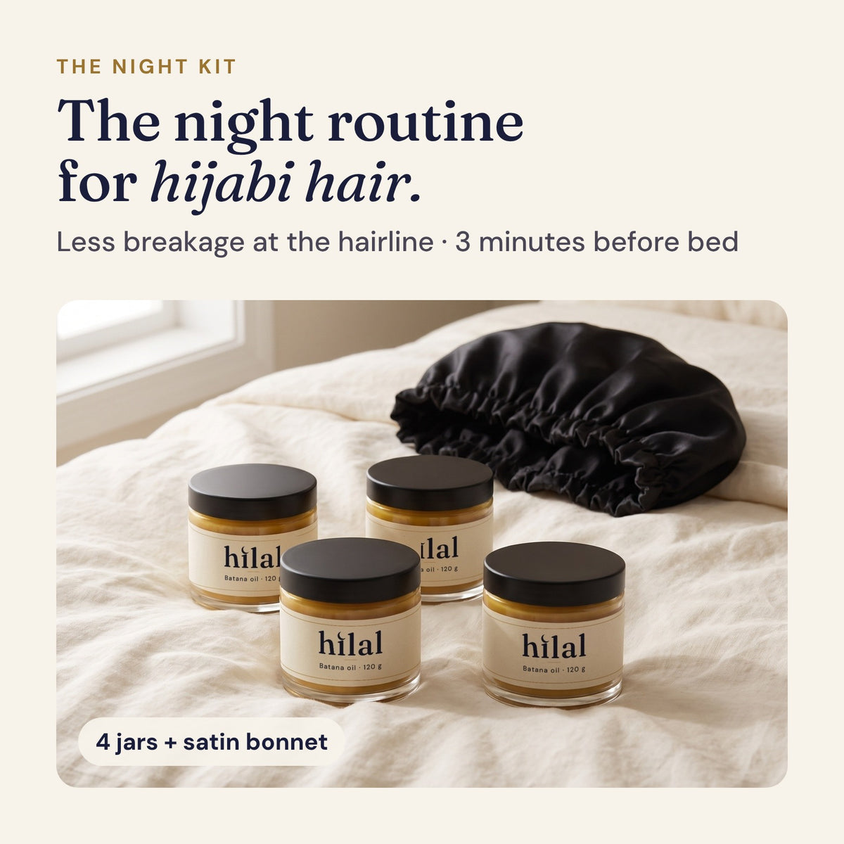 The Hilal Night Kit: four jars of Hilal batana oil and a black satin bonnet on ivory linen