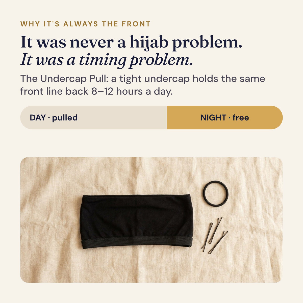 It was never a hijab problem, it was a timing problem: the Undercap Pull holds the front line back 8 to 12 hours a day